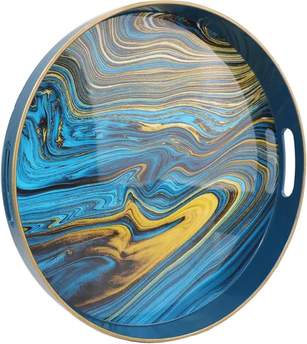 Vista 10 de Spsyrine - Bandeja decorativa redonda de plástico verde, bandeja moderna de 13 pulgadas con asas, patrón de mármol, para desayuno, mesa de café