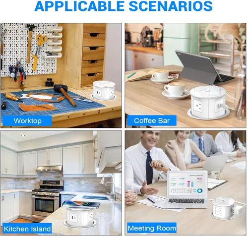 Vista 6 de XBA Toma de corriente desplegable con cargador inalámbrico de 15 W, 4 enchufes de CA, 1 USB-A y 1 USB-C, ojales de alimentación de escritorio Blanco