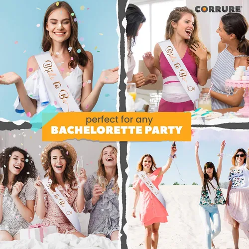 Vista 9 de CORRURE Banda para despedida de soltera "Bride to Be", banda de satén blanco con letras de lámina de oro rosa, accesorios de decoración de despedida