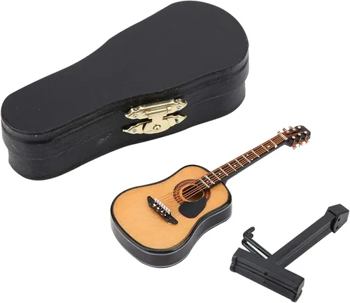 Modelo de guitarra de madera en miniatura para accesorios de casa de muñecas, adorno de artesanía pequeño con soporte y estuche para decoración del