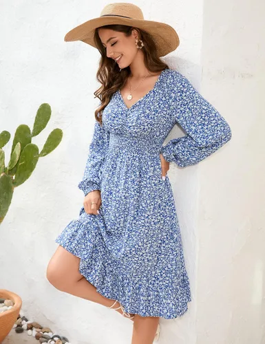 Vista 3 de KOJOOIN Vestido midi de manga abombada con cintura fruncida y estampado floral para mujer, vestido acampanado con dobladillo con volantes