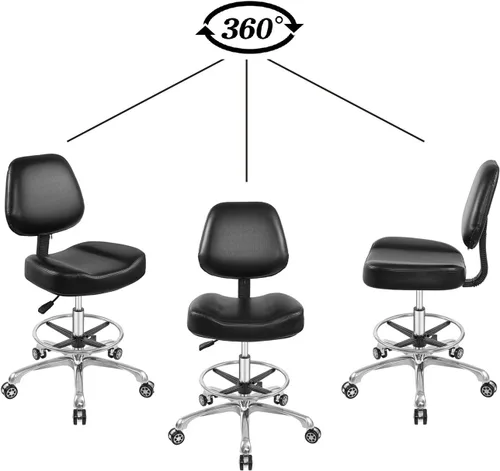 Vista 4 de Silla elevadora, taburete ajustable con respaldo y reposapiés, asiento giratorio, ruedas giratorias para estudio, oficina, salón, mostrador, sillas