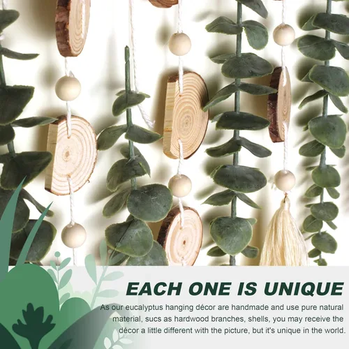 Vista 5 de Decoración de pared de eucalipto artificial, hojas verdes, tallos para colgar en la pared, plantas en palo de madera de 16.5 pulgadas, decoración