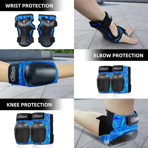Vista 4 de Nattork Rodilleras para niños y jóvenes, rodilleras y coderas con muñequeras 6 en 1, juego de equipo de protección para monopatín, patines en línea