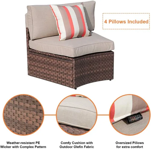 Vista 5 de SUNSITT Juego de 8 muebles curvados de media luna para patio al aire libre, sofá seccional de mimbre gris, cojines gris claro con 2 mesas auxiliares