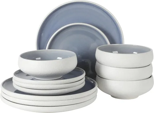 Vista 25 de Gibson Elite Eclipse Swirls Plates and Bowls Sets, 12-Piece Stoneware Dinnerware Sets, Reactive Glaze Dish Set - Black