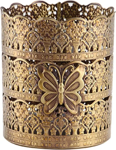 Soporte para cepillos de pelo vintage con diseño de mariposa, soporte para brochas de maquillaje antiguo, organizador de tocador de maquillaje Latón