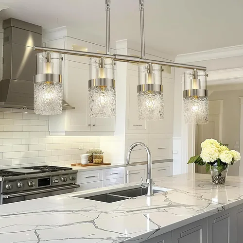 Vista 25 de LMS Lámpara colgante dorada, 1 luz colgante para isla de cocina con vidrio martillado, LMS-171