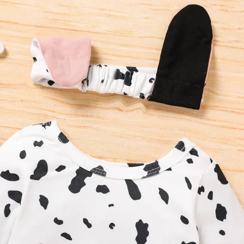 Vista 3 de Conjunto de 3 piezas de disfraz de Halloween para bebé recién nacido, mameluco dálmata con sombrero en forma de oreja + calcetines dálmatas