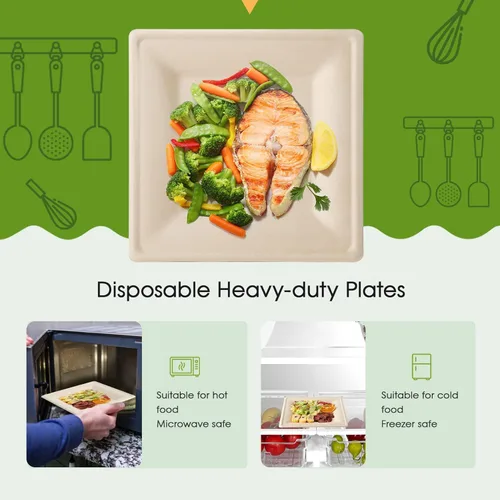 Vista 4 de ECOLipak Paquete de 100 platos cuadrados compostables, platos de papel desechables de 10 pulgadas hechos de caña de azúcar, ecológicos, resistentes