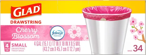 Vista 8 de Glad Odorshield - Bolsas de basura pequeñas con cordón, 4 galones, rosa, flor de cerezo, 34 unidades, el paquete puede variar