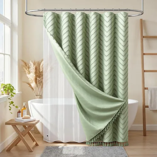 Vista 126 de Dynamene - Cortina de ducha de tela bohemia con rayas con chebrón en relieve, juego de cortina angosta para baño, media cortina impermeable