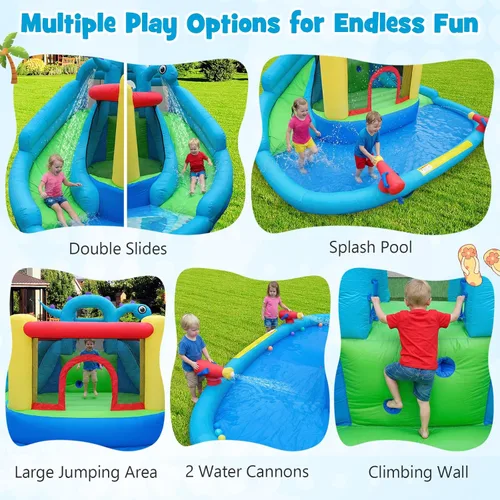 Vista 4 de BOUNTECH Tobogán acuático inflable, estilo dinosaurio, parque de toboganes dobles con casa de rebote, castillo de salto con 2 cañones de agua