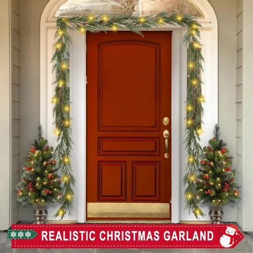 Vista 7 de Guirnalda de Navidad preiluminada de 6 pies con luces, 30 luces con 8 modos, piñas de pino, guirnalda de Navidad iluminada a pilas, guirnalda