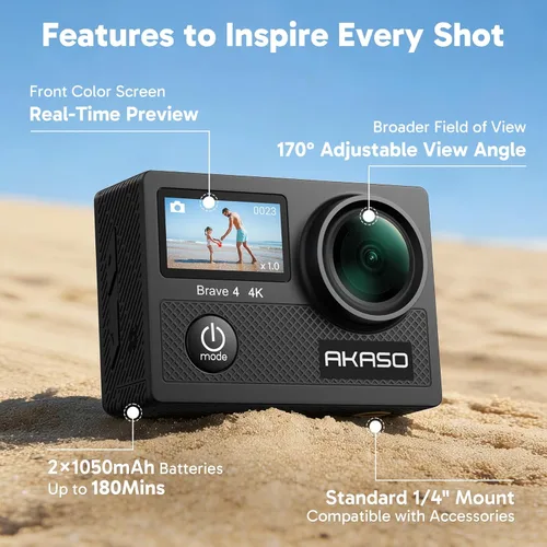 Vista 7 de Cámara de acción Akaso Brave 4 4K 20MPcon Wifi, sensor Sony Ultra HD con EIS 100 pies, sumergible, impermeable, con 2 baterías y kit de accesorios
