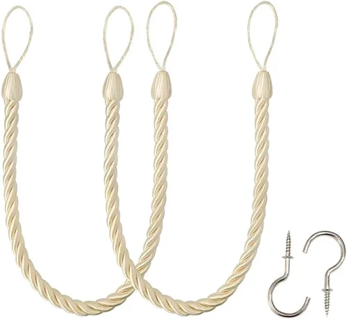 BEL AVENIR Cuerdas para cortina, alzapaños, sujetadores hechos a mano con 2 ganchos de metal para tornillos (beige, paquete de 2)