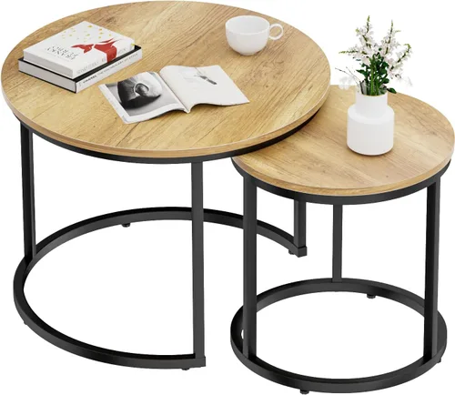 Vista 9 de Smuxee - Juego de 2 mesas de café anidadas, mesa redonda de café de 23.6" de madera marrón con pies antideslizantes ajustables, mesa auxiliar