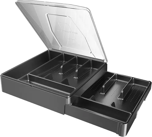 Double Layer Silverware Tray with Lid, Drawer Organizer for Utensil Tray, Cutlery Storage Holder with Cover, Black Negro