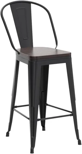 Vista 4 de Aklaus Juego de 4 taburetes de bar giratorios de metal, taburetes de barra de mostrador con respaldo giratorio, asiento de madera, taburetes de bar