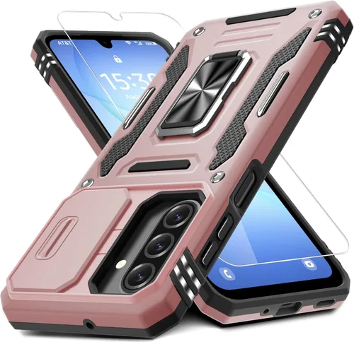 Vista 90 de DEERLAMN Funda para Samsung Galaxy A15 5G con cubierta deslizante para la cámara + protector de pantalla (1 paquete), soporte de anillo giratorio