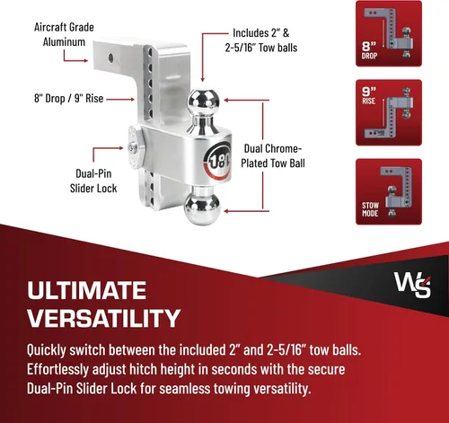 Vista 4 de Weigh Safe Soporte de bola de enganche de remolque ajustable, enganche de caída ajustable de 8 pulgadas para receptor de 2.5 pulgadas con juego de 4