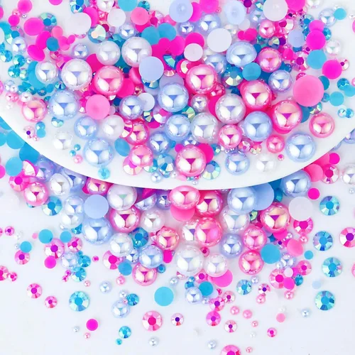 Vista 37 de 60g de perlas planas y mezcla de diamantes de imitación, 2mm-10mm de tamaño mixto, perlas y diamantes de imitación planas para manualidades, vasos
