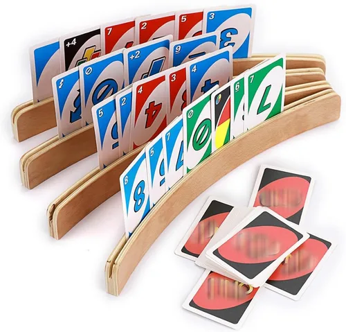 Vista 6 de OwnMy Juego de 4 tarjeteros de madera para jugar a las cartas, organizador de tarjetas de madera curvada de 13 pulgadas, accesorios