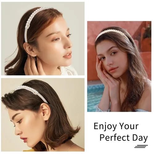 Vista 5 de AMCAMI 2 diademas de perlas – Diademas blancas de moda – Diadema elegante con cuentas – Diadema de boda y novia – Accesorios para el cabello