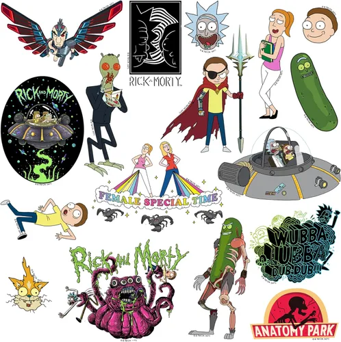 Vista 4 de Rick and Morty - Paquete variado de 50 calcomanías de vinilo troqueladas, calcomanías de dibujos animados de ciencia ficción para laptop, botella