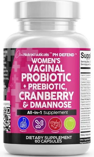 Clean Nutraceuticals Probióticos vaginales para mujeres con arándano, D-manosa, prebióticos, apoyo para el equilibrio del pH, salud femenina,