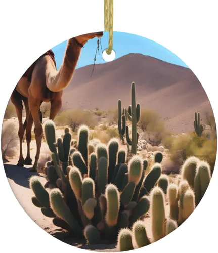 A Small Camel Round Ceramic Pendant with Hole and Gold Rope for Christmas and New Year Hanging Decoration at Home