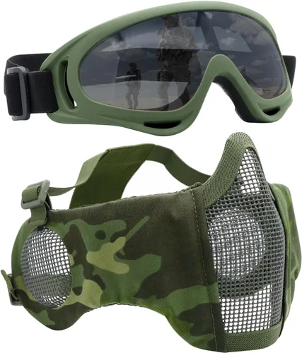 Vista 21 de Máscara de Airsoft con Gafas, Máscara de Malla Plegable de Media Cara con Protección para los Oídos para Paintball, Tiro, Cosplay, Juego CS