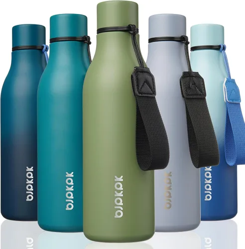 Vista 22 de BJPKPK - Botellas de agua aisladas, botella de agua de metal de acero inoxidable de 25 oz con correa, jarras, tazas, frascos libres de BPA a prueba