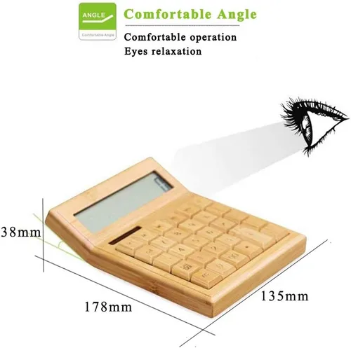 Vista 2 de Omio Calculadora solar de madera multifuncional de bambú natural, calculadora de escritorio de pantalla grande de 12 dígitos con 29 botones grandes