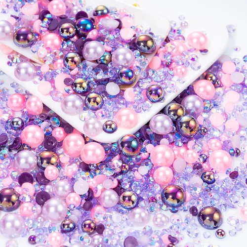 Vista 33 de 60g Perlas de Plata Gris y Diamantes de Imitación para Manualidades Tamaño Mixto 3mm-10mm Color AB Perlas Redondas Mitad Planas y Diamantes