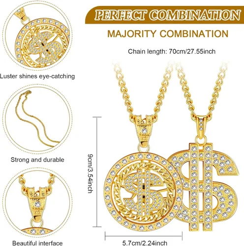 Vista 2 de Tatuo 2 Pieces Plated Chain for Men with Dollar Sign Pendant Necklace, Hip Hop Dollar Necklace