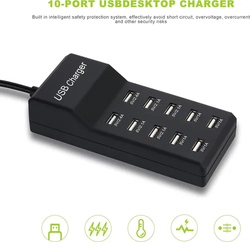 Vista 6 de Estación de carga USB de 50 W con 10 puertos USB inteligentes de tamaño familiar para múltiples dispositivos, teléfono inteligente, tableta