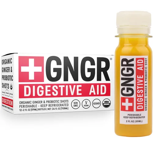 +GNGR Ayuda digestiva: chupito de jengibre orgánico con cúrcuma y pimienta negra. Curcumina de alta absorción con probióticos para la salud