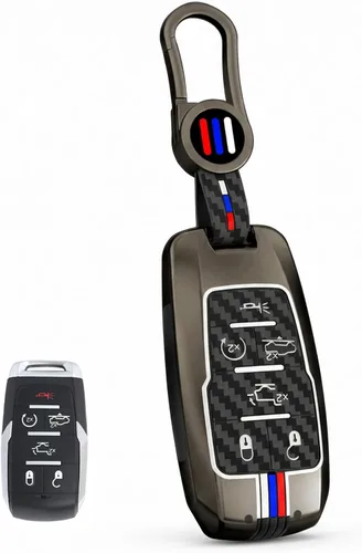 Vista 9 de para Dodge Ram 1500 Funda y Carcasa para Llavero de Metal Soporte de Llave Inteligente Protector, Fibra de carbono, 4 botones, Moderno