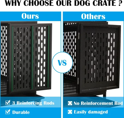Vista 4 de Jaula de perro indestructible de 44 pulgadas con ruedas, a prueba de escape, doble puerta para interiores, alta ansiedad, perrera de acero