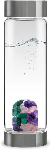 Vista 7 de VitaJuwel ViA ADORE - Botella de agua de cristal con piedra lunar, cuarzo rosa y cuarzo transparente para amor propio, compasión y crecimiento