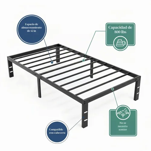Vista 11 de Marco de cama de tamaño matrimonial, plataforma de metal de 14 pulgadas con Negro