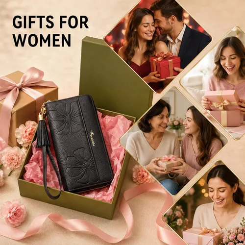 Vista 7 de Carteras con borla Travelambo para mujer, plegable, pulsera, cartera larga negro (A01 Black)