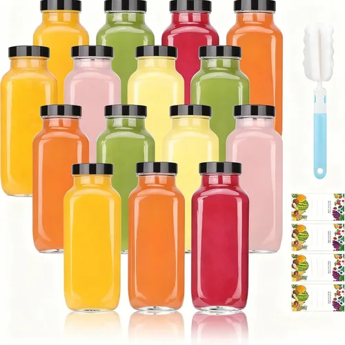 Vista 9 de Glxgow Paquete de 16 botellas de vidrio de 2 oz con tapas y etiquetas negras, botellas de vidrio pequeñas de boca ancha de 60 ml para jengibre