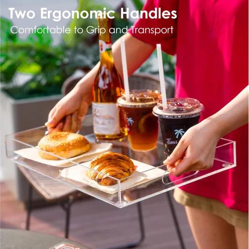 Vista 4 de Paquete de 2 bandejas para servir con asas, bandeja de acrílico transparente para servir alimentos, bandejas grandes de alimentos al aire libre