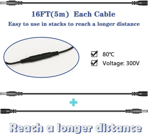 Vista 4 de Cable de extensión de alimentación de 12 V CC de 16 pies (16.4 ft) de 0.217 in x 0.083 in para cámara de seguridad CCTV, router, cable de extensión