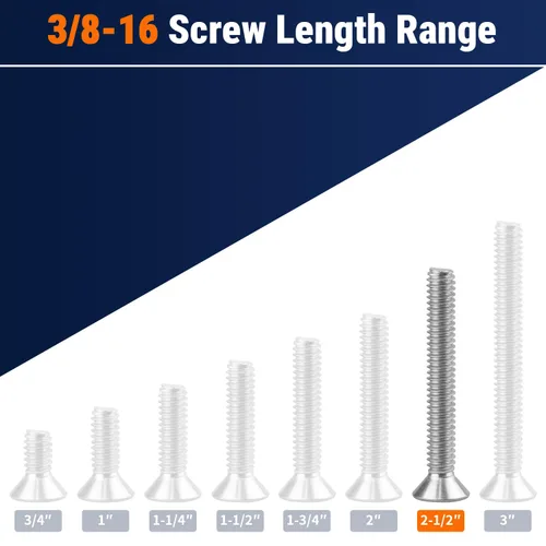 Vista 5 de Tornillos de cabeza plana de 3/8-16 x 2-1/2 pulgadas, cabeza avellanada, accionamiento hexagonal Allen, acero inoxidable 304 18-8, rosca de máquina