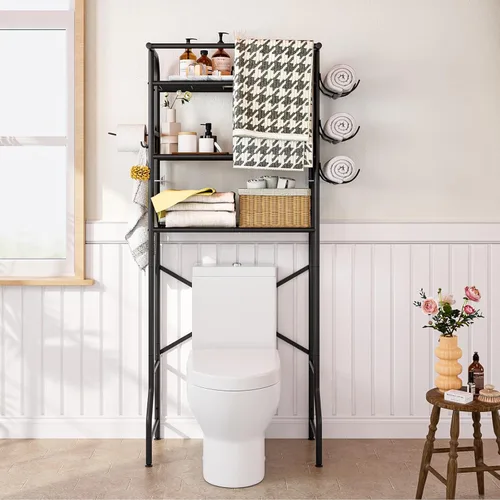 Vista 6 de Over The Toilet Storage Metal 3 Tier Bathroom Organizer Shelf with Paper Holder Easy to Assemble & Space Saving (Black)