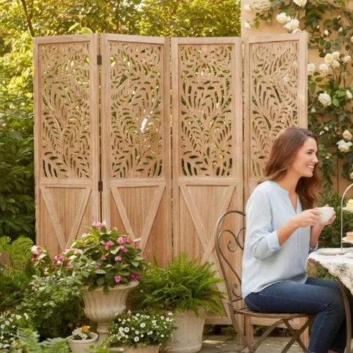 Vista 14 de Divisor de habitación bohemio con tallado de plumas, pantalla de madera calada de 4 paneles, división plegable decorativa para dormitorio