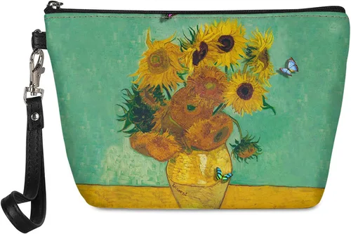 Vista 8 de Howilath Abstract Art Cat Cosmetic Pouch for Women PU Leather Toiletry Storage Bag Trapezoid Makeup Bags with Wrist Strap